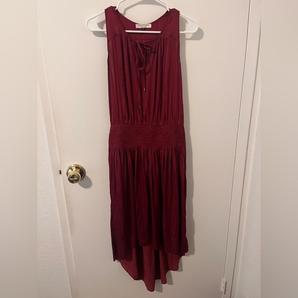 Halston Heritage Sleeveless Smocked Waist High Low Dress Ruby Maroon Small - Picture 5 of 14